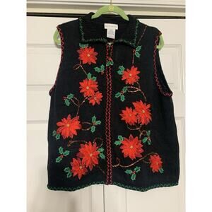 Vintage White Stag Christmas Poinsettia Embroidered & Beaded Cardigan Vest XL
